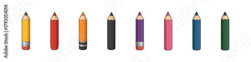 Pencil icon set. Short pencil vector set. Collection of colorful sharpened pencils for drawing, writing and school design