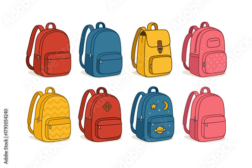 School backpack icon set. Student bag vector set. Cartoon backpacks in various colors and designs.