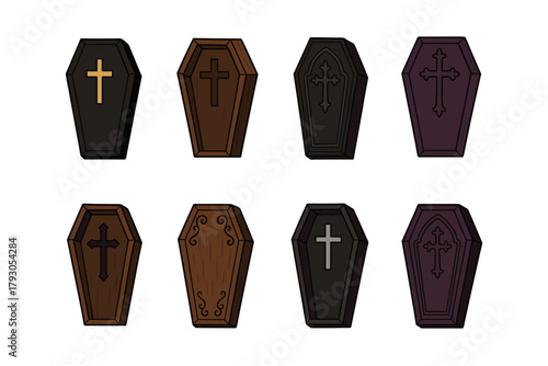 Coffin icon set. Vampire coffin vector set. Wooden and gothic caskets with cross details.
