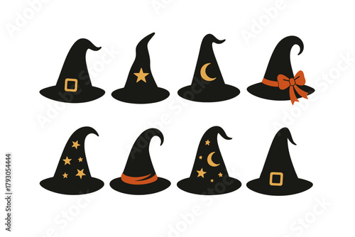 Witch hat icon set. Halloween wizard hat vector set. Cartoon black hats with stars, moons, and ribbons.