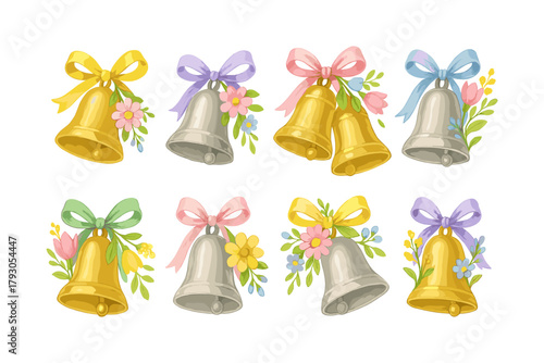 Wedding bells icon. Golden bell vector with ribbon and flower for ceremony and decoration.
