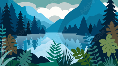 Nature-inspired botanical landscape in soft flat vectors. Calming earth tones and lush greenery.