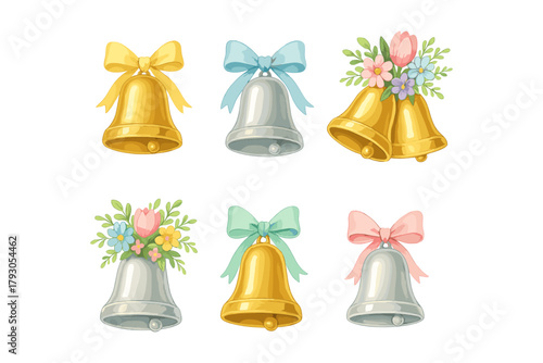 Wedding bells icon. Golden bell vector with ribbon and flower for ceremony and decoration.