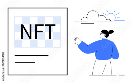 Abstract NFT art display alongside a person pointing toward the sky with clouds and sun rays. Ideal for technology, art, blockchain, digital ownership, creativity, innovation, virtual collection