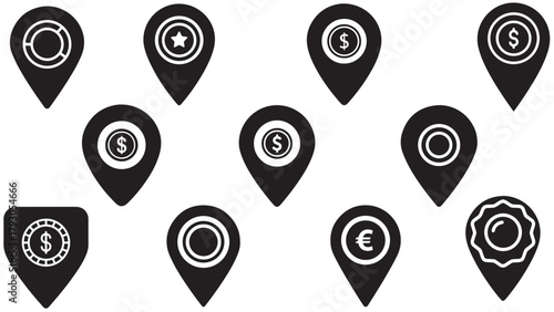 Badge map pin with coin inside _ location payment marker icon for local transactions, merchant points and cash access