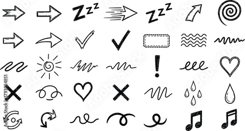 Hand Drawn Sketch Arrows, Check Marks, Heart, Music Notes on Transparent Background