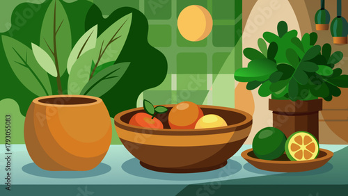 Rewilded kitchen scene in organic vector design with botanicals