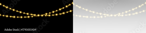 Glowing Christmas garland with bright bulbs and sparkling gold.