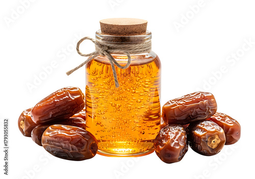 Glass bottle filled with amber liquid and dates surrounding it isolated on transparent background