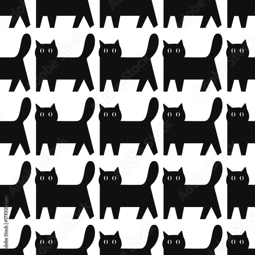 Seamless pattern with a black and white stylized cat. Minimalist vector graphic design.