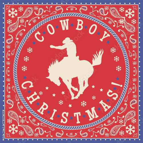 Western Christmas illustration with cowboy riding wild horse silhouette with cheerful phrase Cowboy Christmas! in a vintage bandana frame. Decorated with stars, paisley patterns, and snowflakes in red