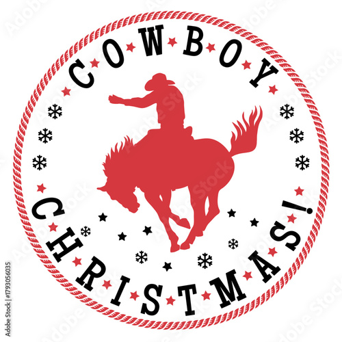 Cowboy Christmas symbol vector illustration isolated on white background for design. Western Holiday Design with Rodeo Riders and Snowflakes. Festive western Christmas design featuring bold red typogr