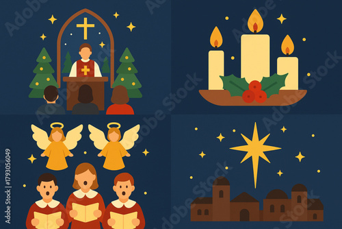 Christmas Eve Mass Flat Icon Set — Church Interior, Candlelight, Choir, Angels, and Star of Bethlehem