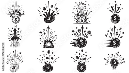 Cartoon coin exploding upwards _ playful profit burst icon representing revenue surge, growth and positive financial momentum