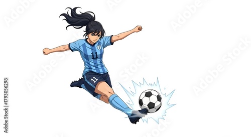 Anime Soccer Player Kicking Ball with Power.