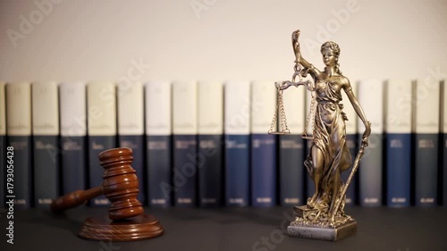 Themis goddes of justice and law with judge mallet gavel in motion and judge books unfocuseds in background , video footage