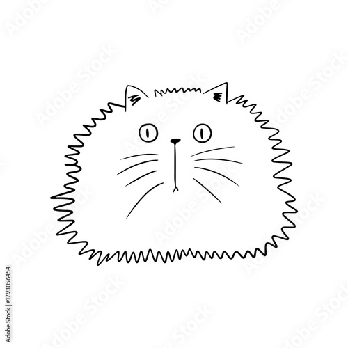 A fluffy, surprised cat face in doodle style. Hand-drawn cute animal on an isolated background. Vector element.