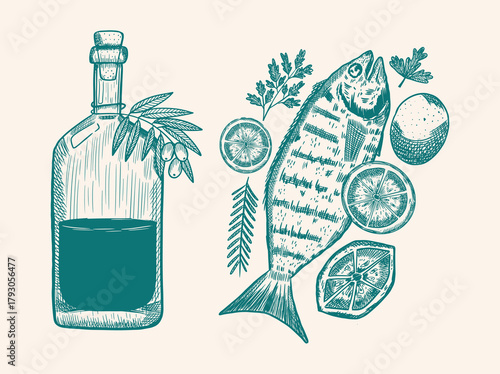 Mediterranean diet culinary elements illustration. Hand-drawn sketch with olive oil bottle, whole fish, lemon slices, and herbs. Vintage line art style. Food design