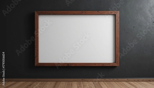 Blank horizontal wooden frame hanging on a dark textured wall, a minimalist and modern mockup template for art or photos