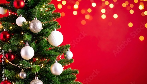 Christmas Tree Decor Red and White Ornaments, Festive Lights, Close-up, Holiday Background, Xmas Christmas, Winter