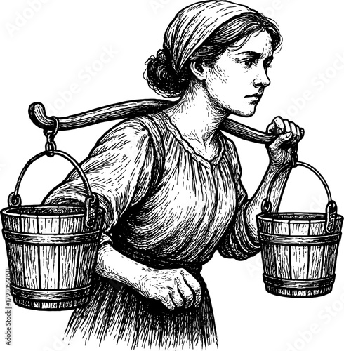 Retro xerography halftone engraving of a woman carrying two wooden buckets with a shoulder yoke — detailed vintage