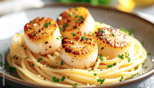Browned butter seared scallops on top of spaghetti, closeup. AI