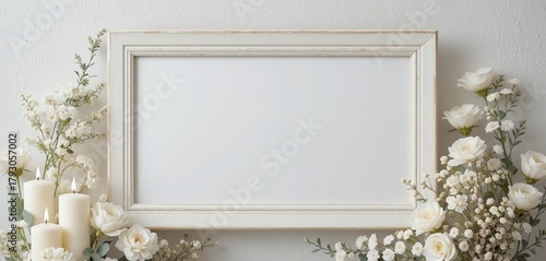 Elegant blank picture frame mockup surrounded by white roses and lit candles, a romantic and serene wedding or memorial background