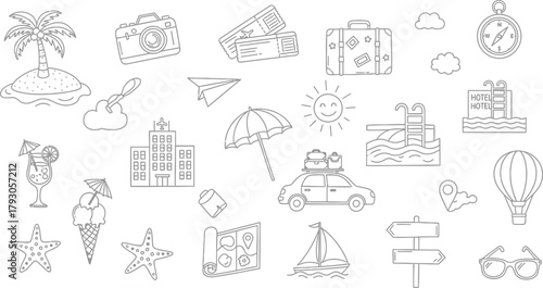 Line Art Travel Elements Island, Car, Suitcase, Compass, Plane Tickets, Hotel and More