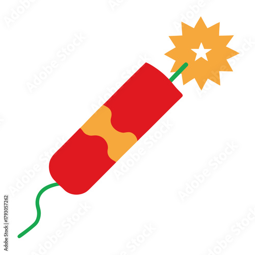 Red firecracker with orange pattern and exploding star