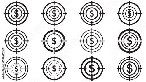 Minimalist target with dollar center _ clean bullseye finance icon for budgeting, investment goals and revenue focus