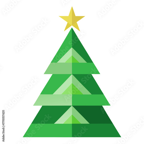 Geometric christmas tree with a yellow star on white background