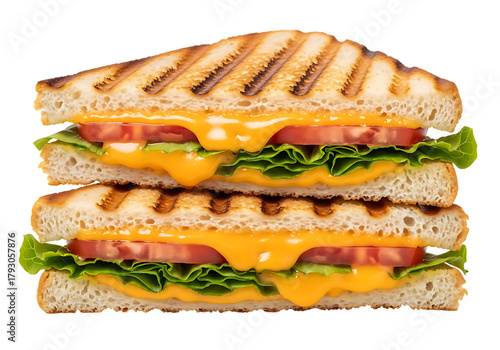 Delicious grilled cheese sandwich stacked with fresh lettuce and tomato isolated on transparent background