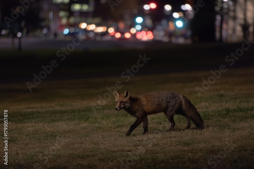 Red fox walking across a dark grassy city area at night with blurred lights and glowing traffic in the distant background