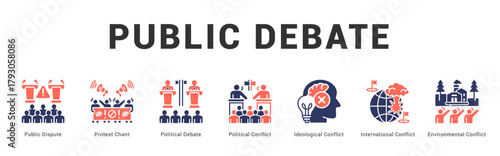 Public Debate Modern and clean web banner illustration featuring thematic icons for visual communication