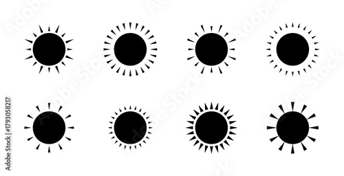 Set of sun icons, abstract sunny black silhouette isolated, flat vector illustration design. A graphic element for design, decoration, and weather forecast. Simple icon of heat, heat, brightness, warm