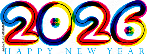 Vibrant 2026 New Year Illustration with CMYK Color Overlay Design