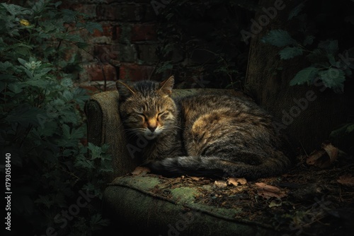 feral tabby cat resting on a decaying armchair in a dark, overgrown urban alley or abandoned lot, 
gritty, moody portrait of homelessness and survival