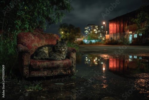 Stray cat sleeping on an old armchair, in a wet, deserted city area at night with blurred neon lights in the distance