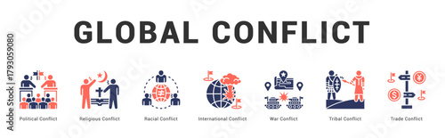 Global Conflict Modern and clean web banner illustration featuring thematic icons for visual communication