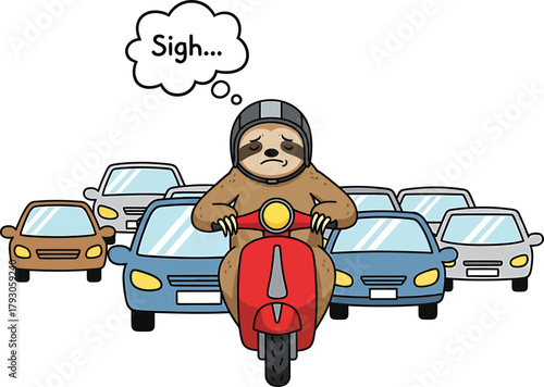 Sloth in Traffic with Sigh... Thought Bubble, Funny Cartoon Clipart