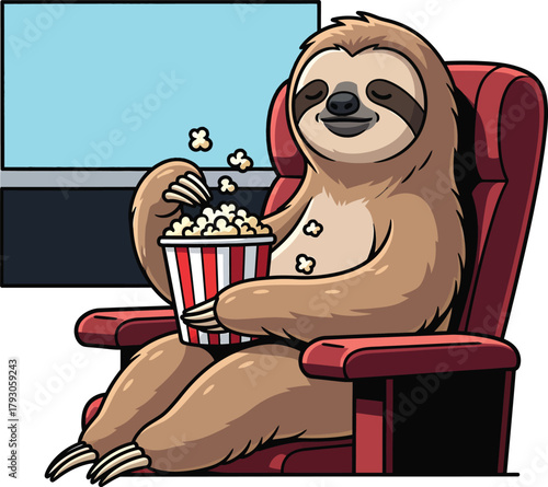 Sloth Watching Movie with Popcorn, Relaxing Cartoon Clipart