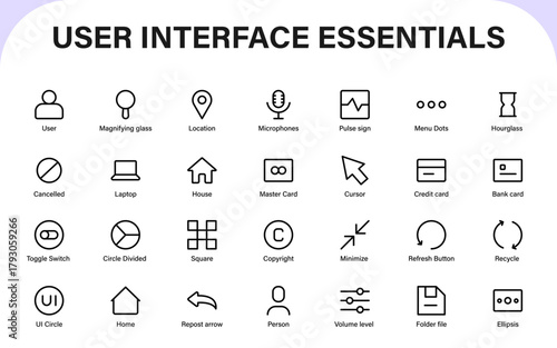 User Interface Essentials Icon Collection for Modern Apps and Digital Platforms Featuring Minimal Creative Design