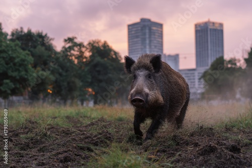 Wild boar foraging in a grassy urban park in a city with modern buildings in the background at dusk