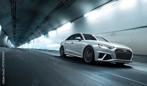 Silver sedan speeding through a bright, modern tunnel, motion blurred backdrop