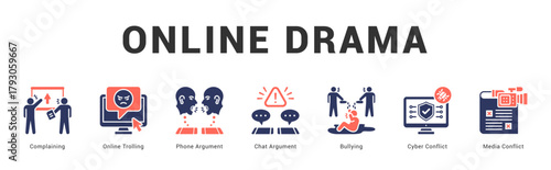 Online Drama Modern and clean web banner illustration featuring thematic icons for visual communication