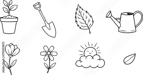 Hand Drawn Gardening Icons Set — Flowers, Leaves, Watering Can, Shovel, Plant Pot, and Sun Illustrations