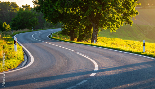 Fototapeta Naklejka Na Ścianę i Meble -  Curving asphalt country road at golden hour with lush green trees and bright sunlit meadow landscape