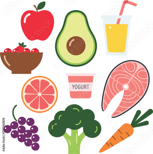 Healthy food icons set with fruits, vegetables, juice, yogurt, and salmon, colorful flat vector illustration for nutrition, diet, wellness, and clean eating themes