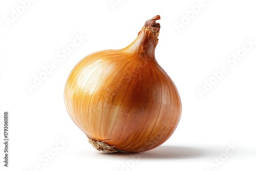 Single onion, golden brown, smooth skin,  isolated white