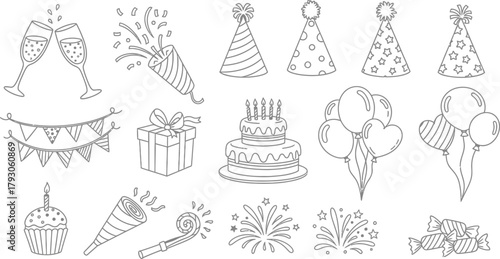 Outline Birthday Icons Set Party Hats, Cake, Gift, Balloons, Confetti, and Drinks